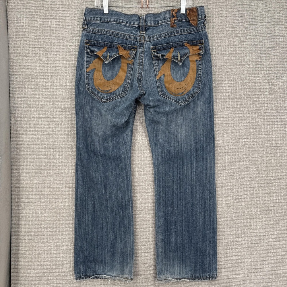 True Religion Jeans Mens 34x32 Blue Straight Medium Wash Distressed Logo